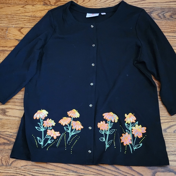 The Quacker Factory Cardigan Womens Size Large black Knit Embroidered - Picture 1 of 5